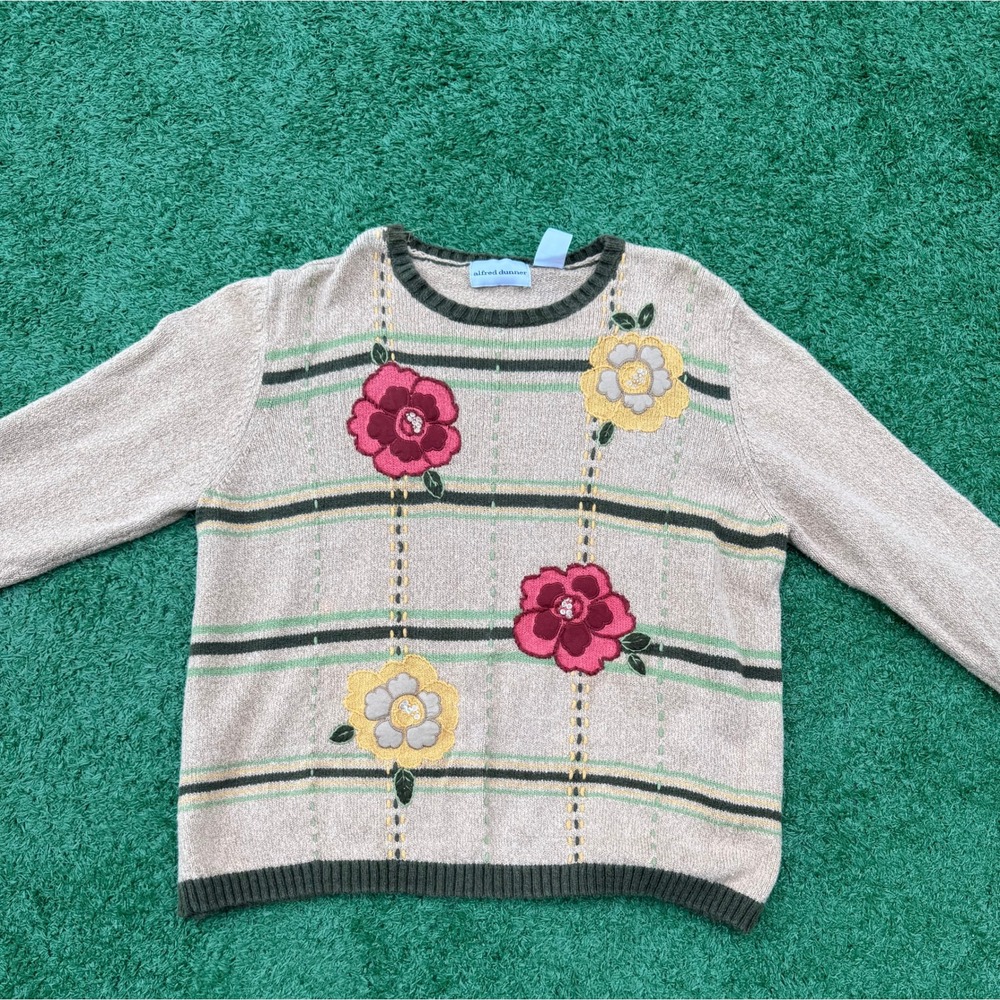 Alfred Dunner Vintage Floral Embroidered Knit Sweater XL Tan Pink Green Stripe